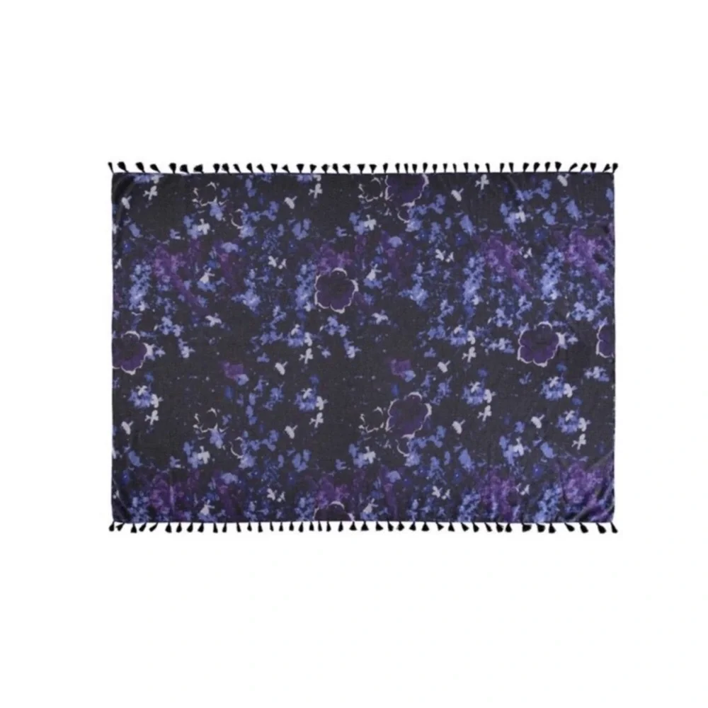 Peter Som Dream Floral Print beach fringe Sarong in Meteorite Black Blue